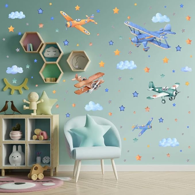 Watercolor Airplane Wall Decals, Classic Aircraft with Stars Clouds Vinyl Wall Stickers,Removable Vintage Airplane Artwork for Kids Boys Bedroom Kindergarten Playroom Decor