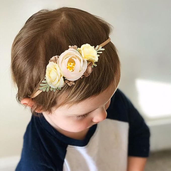 Baby Girl Floral Headbands- 3pcs Nylon Headband Handmade Flower Crown Elastic Hairband Newborn Toddler Hair Accessories Gifts for Girls （1-6 years old）