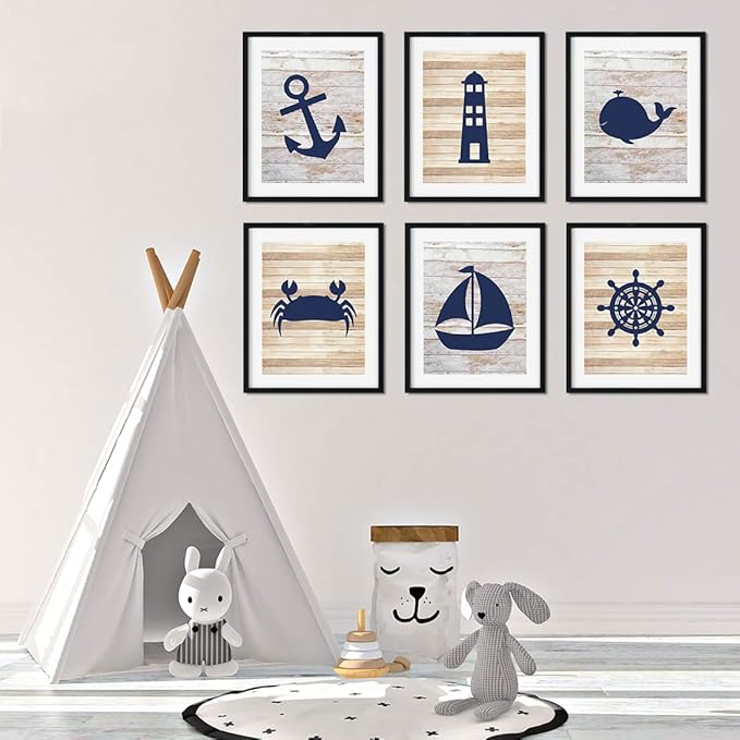 Andaz Press Ocean Nautical Sailor Theme Nursery Kids Bedroom Hanging Wall Art Decor, 8.5x11-inch, Rustic Distressed Wood, Anchor, Lighthouse, Whale, 6-Pack, Unframed Room Poster