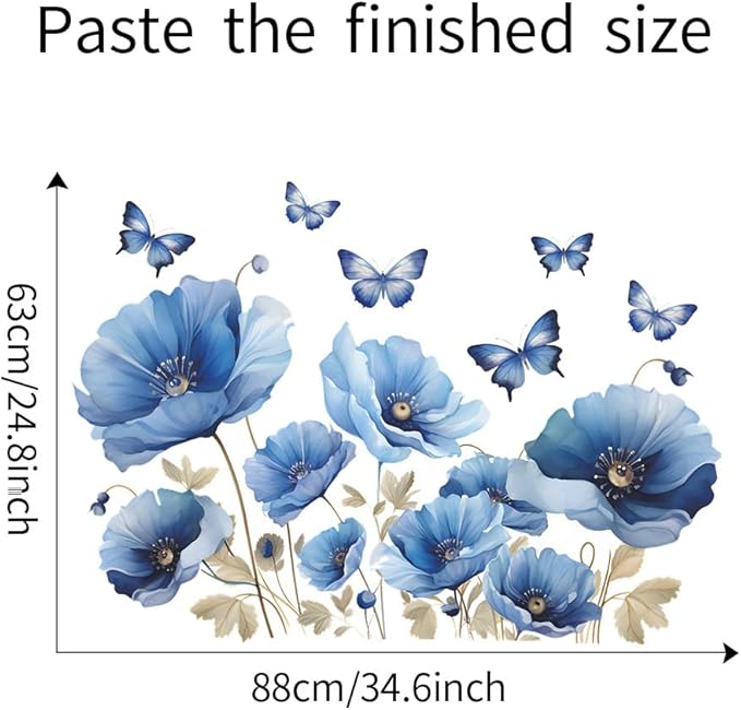 Blue Flower Wall Decals Peel and Sticker DIY Floral Butterly Wall Stcikers Murals for Girls Bedroom, Living Room, Kids Room Wall Decor