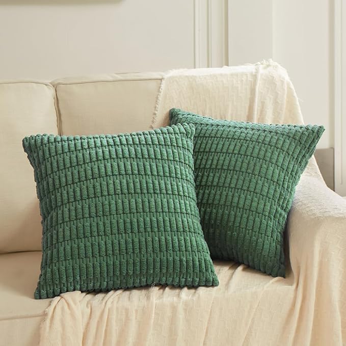 Fancy Homi 2 Packs Green Decorative Throw Pillow Covers 22x22 Inch for Living Room Couch Bed Sofa, Rustic Farmhouse Boho Home Decor, Soft Striped Corduroy Square Cushion Case 55x55 cm
