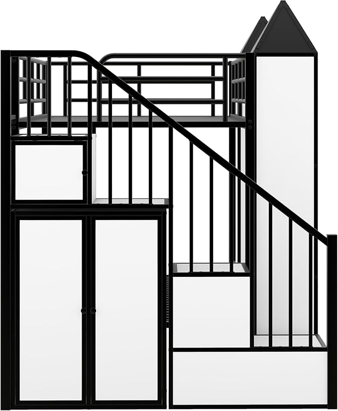 Twin Over Twin Castle-Shaped Bunk Bed with Wardrobe and Multiple Storage, Metal Bunk Bed with Storage Staircase and Safety Guardrail for Kids Teens Boys Girls Bedroom (White+Black 04)