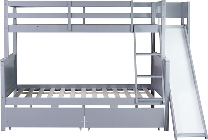 Twin Over Full Bunk Bed with 2 Drawers and Slide, Wood Bunk Bed Frame with Shelves and Ladder, Space Saving Design Bunk Bed for Kids Teens Boys Girls (Grey-x32c)
