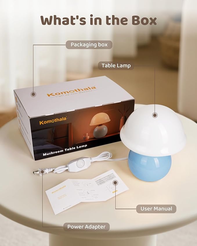 Mushroom Lamp for Bedroom, Cute Small Bedside Table Lamp with Glass Lampshade, Dimmable Nightstand Lamp Mid Century Modern Lamp for Home Living Room Decor (Blue)