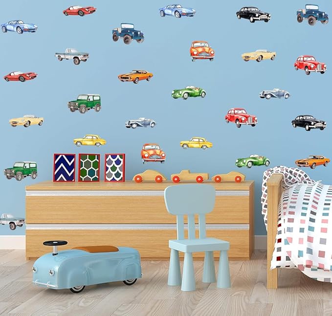 Watercolor Classic Car Wall Stickers, Retro Racecar Off-Road Vehicle Vinyl Wall Decals, Removable Vintage Car Artwork Wall Art for Boys Bedroom Playroom Decor