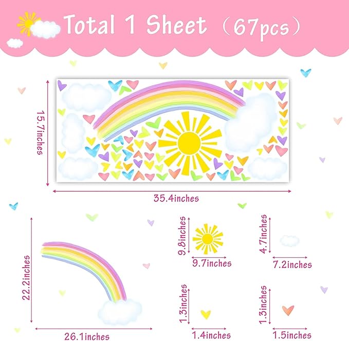 Colorful Rainbow Wall Decals Sun Cloud Wall Decals Colorful Heart Wall Stickers Watercolor Yellow Sun Decal Large Rainbow Wall Stickers for Girls Room Kids Bedroom Nursery Decor