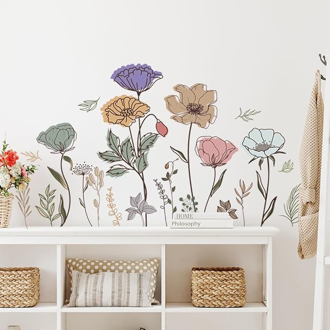 Boho Flower Wall Decal Floral Plant Grass Wall Sticker Colorful Wildflower Wall Decals Peel and Stick Daisy Flower Wall Sticker for Bedroom Nursery Decor