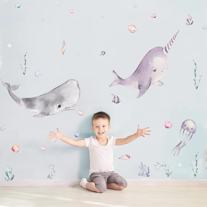 Whale Wall Dcals Peel and Stick for Kids Whale Removable Wall Stickers with Sea Life, Vinyl Ocean Wall Stickers for Bedroom Bathroom Nursery