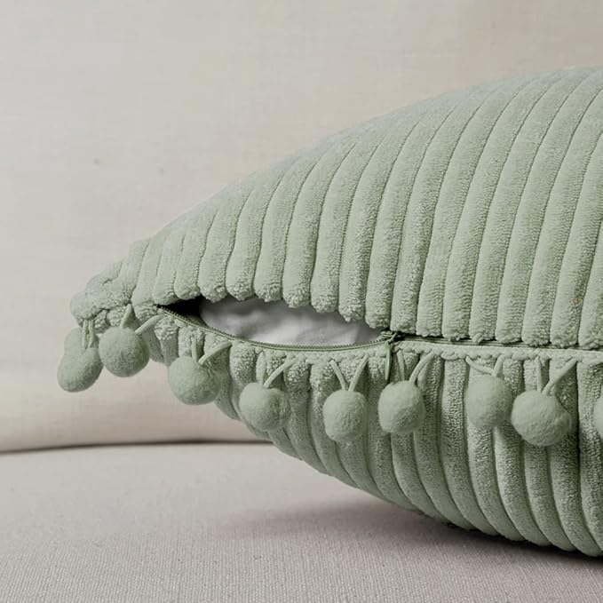 Fancy Homi 2 Pack Sage Green Lumbar Decorative Throw Pillow Covers 14x24 Inch with Pom-poms for Couch Bedroom Sofa, Farmhouse Boho Home Decor, Soft Corduroy Solid Rectangle Cushion Case 35x60 cm