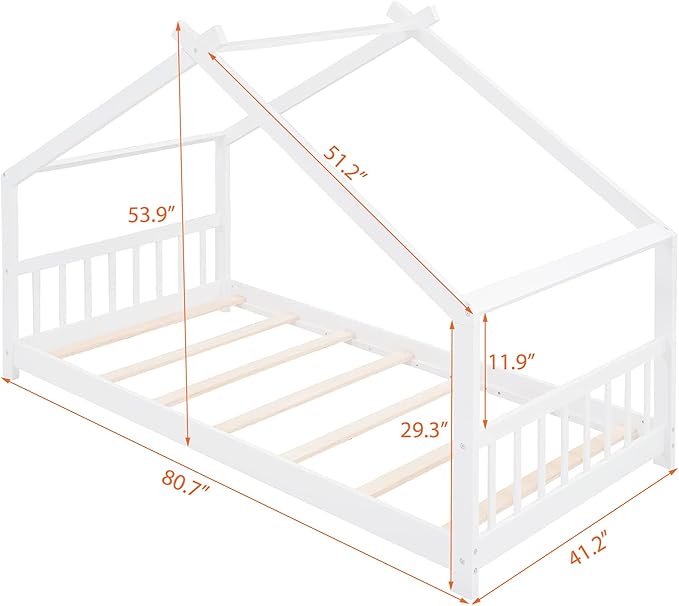 Ball & Cast Twin Size Floor Bed,Low to Ground Design Montessori Bed with Roof,Toddler House Bed Frame W/Slats,No Box Spring Needed,for Girls Boys,White