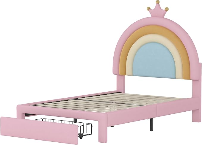 LUMISOL Princess Bed Frames for Kids,Twin Rainbow Bed Frame with Drawers, Upholstered Platform Bed, Velvet Bed for Girls, Fits Standard Twin Mattress, Pink