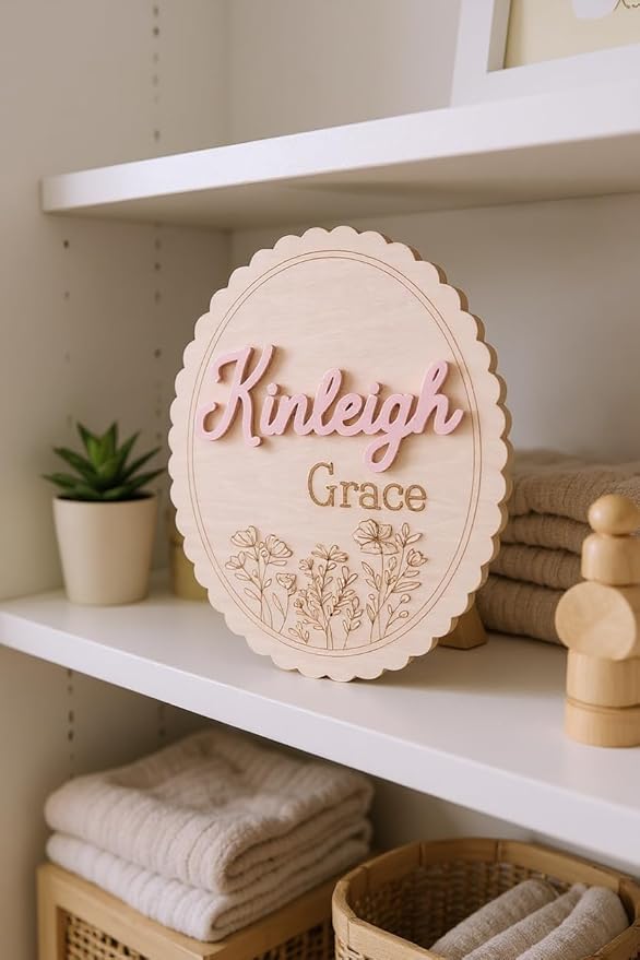 Personalized 3D Baby Name Sign with Floral Design, Scallop Engraved Birth Announcement Plaque, Baby Shower - Newborn Keepsake (Name Sign)