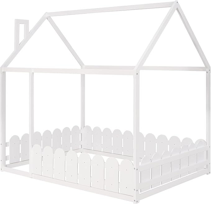 MERITLINE House Bed Wood Full Playhouse Bed Frame with Roof Twin Size House Bed for Girls Boys Kids, Box Spring Needed (White, Full)