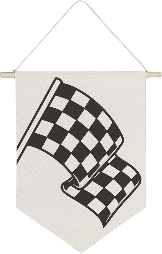 QODUNG Race Car Room Wall Decor,Buffalo Plaid Racing Flag Canvas Banner,Canvas Hanging Pennant Flag Banner for Boys Kids Room,Racing Enthusiast Gifts