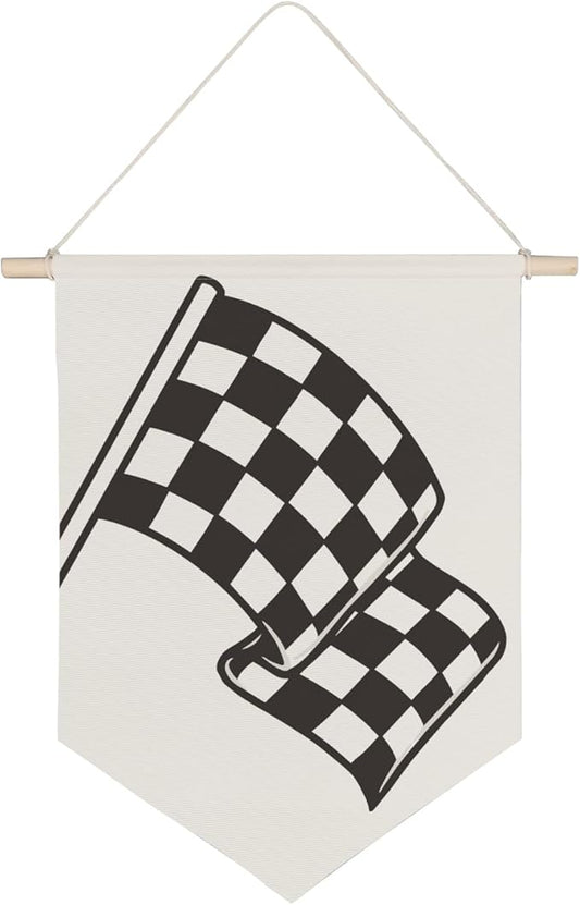 QODUNG Race Car Room Wall Decor,Buffalo Plaid Racing Flag Canvas Banner,Canvas Hanging Pennant Flag Banner for Boys Kids Room,Racing Enthusiast Gifts
