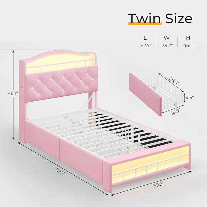 BTHFST Twin Bed Frame with Storage Headboard & 4 Drawers, Girl Upholstered Storage Bed with LED Lights & Charging Station, No Box Spring Needed, Easy Assembly, Pink
