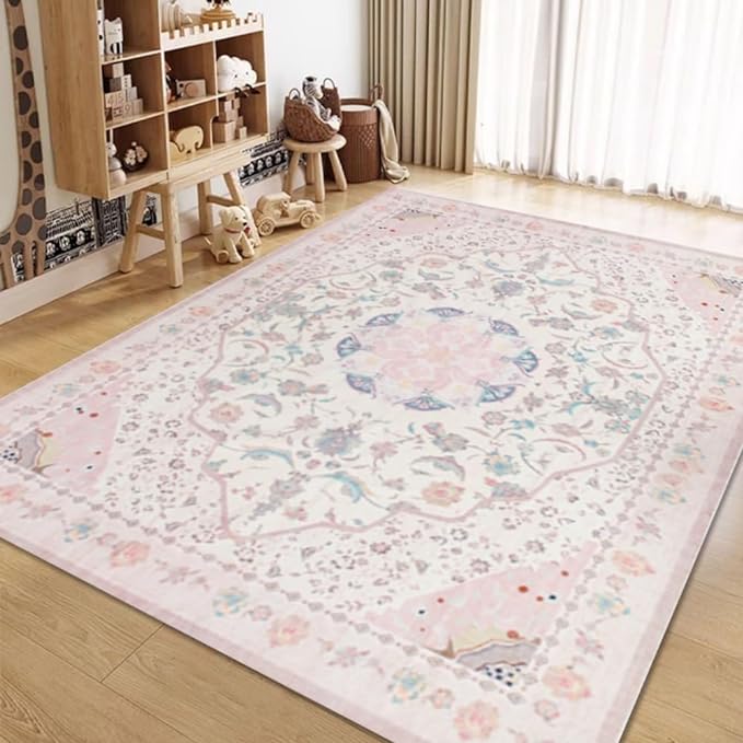 Area Rug - Vintage 3x5 Non-Slip Backing Area Rugs Light Pink Soft Faux Wool Carpet Foldable & Machine Washable Rugs for Living Room Bedroom Dining Room Nursery Home Office