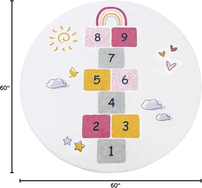 HiiARug Hopscotch Kids Rug Round 5Ft Fun and Educational Playroom Rug Soft Durable Rainbow Floor Carpet Kid’s Play Mat for Bedroom, Playroom, Nursery, Gift for Girls & Boys(Colorful)