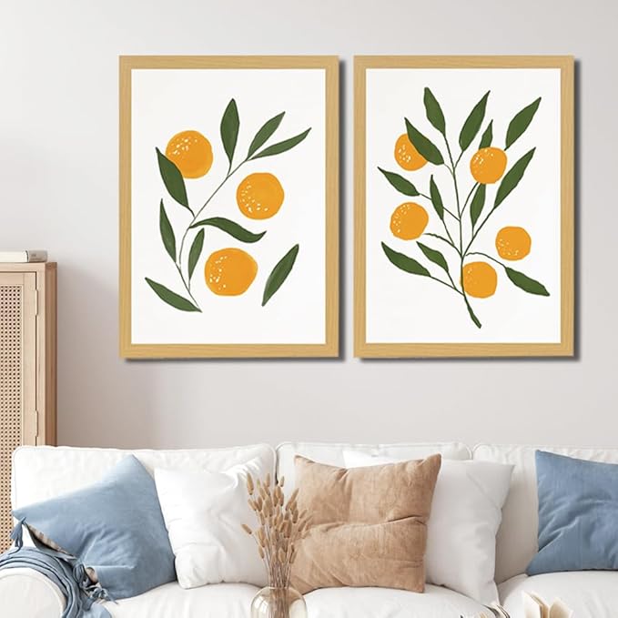 Abstract Lemon Orange Canvas Painting Watercolour Citrus Fruit Poster Boho Kitchen Wall Art Botanical Picture Home Room Decor Framed(12x16Inch Framed)