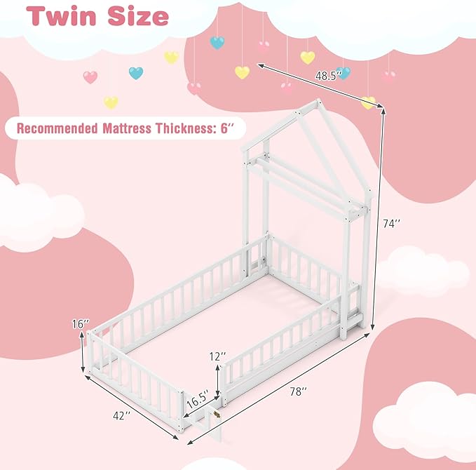 MAT EXPERT Twin Floor Bed with House-Shaped Headboard, Montessori Kids Bed with Detachable Clothes Hanger, Full Length Safety Guardrails, Solid Wood Twin Bed Frames for Kids (White)