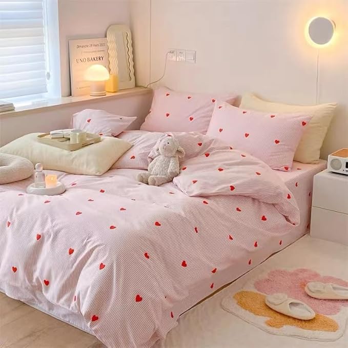 Pink Striped Duvet Cover King Size Red Heart Duvet Cover Set 3 Pieces Kids Girls Cute Love Pattern Reversible Soft Microfiber Bedding Set with Zipper Closure