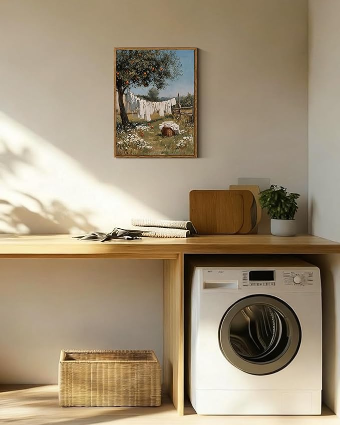 ARPEOTCY Vintage Framed Canvas Wall Art, 12x16inch, Farmhouse Laundry Wall Decor, Country Art Prints Home Decorations, Country Landscape Paintings for Summer Laundry Room Shelf Decor