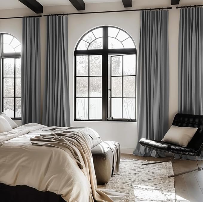 INOVADAY 100% Blackout Curtains for Bedroom, Black Out Curtains 63 Inch Long, Clip Rings Linen Blackout Drapes, Thermal Insulated Room Darkening for Living Room, 2 Panels - DarkgreyW50xL63