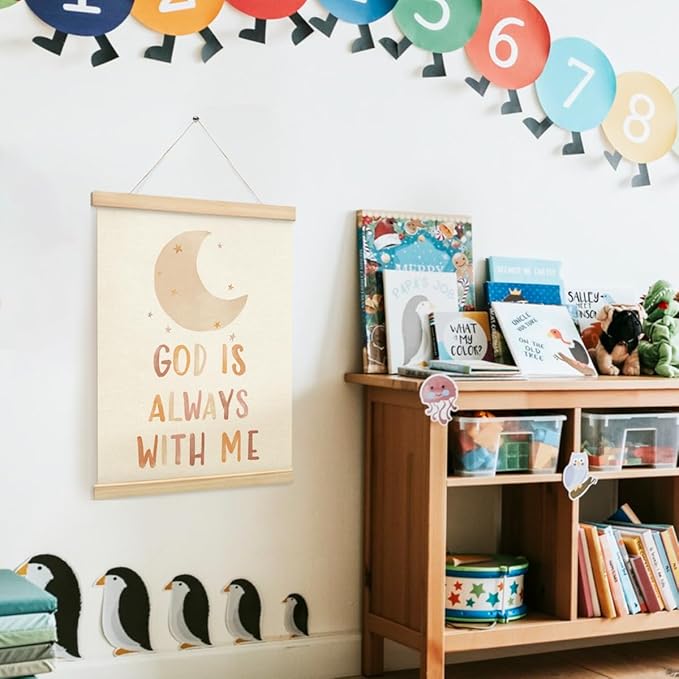 PLKMN Christian Nursery Wall Decor, God is Always with Me Wall Art with Wooden Poster Hanger, Boho Moon Christian Wall Decor for Nursery Kids Room Sunday School Preschool Classroom, 12x16 Inch