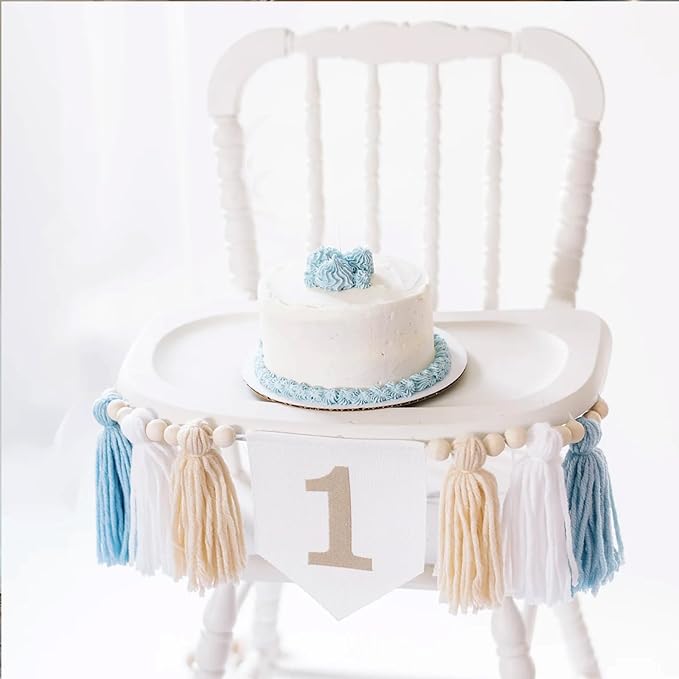 Boho Blue Handmade 1st Birthday High Chair Banner First Highchair Banner For Baby Boys Wild One Wall Hangings Wood Bead Tassel Garland 1 Birthday Party Decorations Photoshoot Props Photo Props