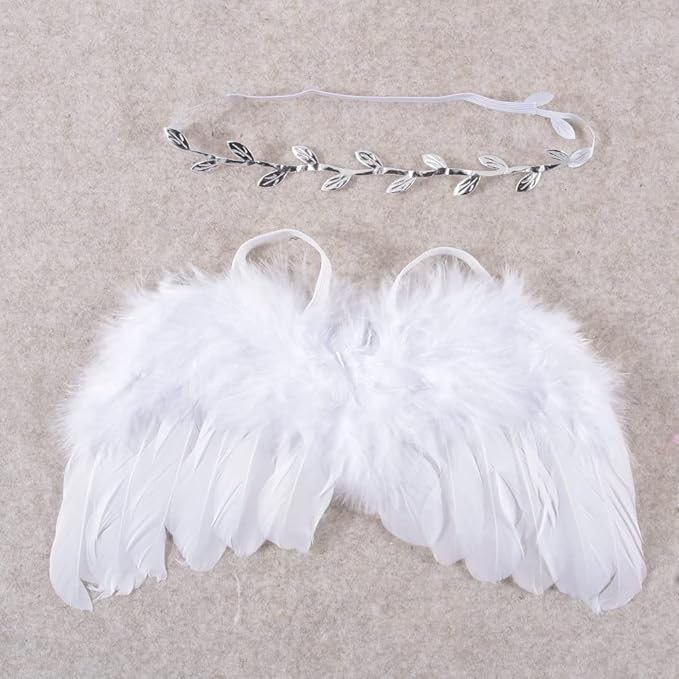Nishine 2 PACK White Newborn Fuzzy Feather Angel Wings + Headband Set for Baby Cosplay Girls Costume Photography