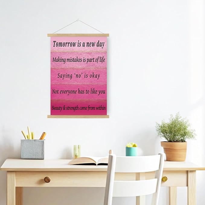 Qswo Inspirational Quotes Wall Decor for Women,Tomorrow Is a New Day Pink Wall Art Poster Hanger Frame,Motivational Hanging Canvas Wall Decor for Girl Room Home Office