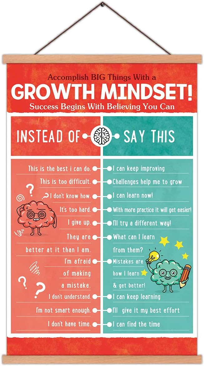 KAIRNE Kids Growth Mindset Poster Educational Classroom Poster With Wood Magnetic Hanger,Motivational Quote Canvas Wall Art(35X56CM) Students Positive Art Print For Kids Playroom Classroom Decor