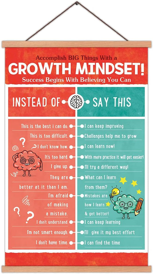 KAIRNE Kids Growth Mindset Poster Educational Classroom Poster With Wood Magnetic Hanger,Motivational Quote Canvas Wall Art(35X56CM) Students Positive Art Print For Kids Playroom Classroom Decor