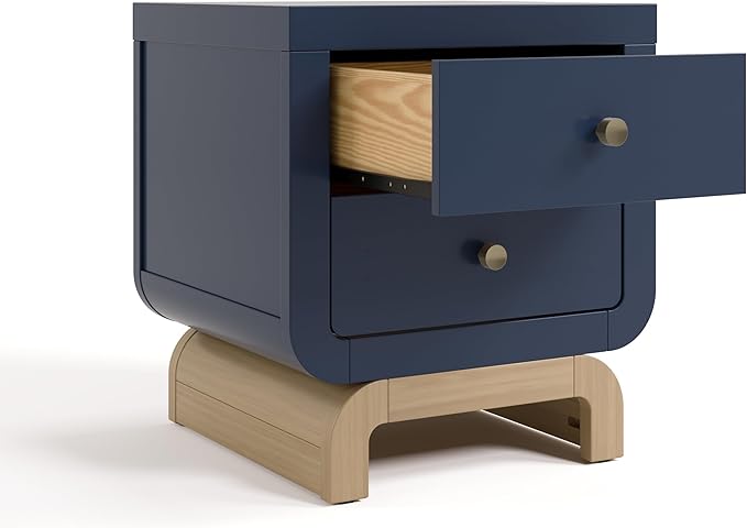 Storkcraft Santorini 2 Drawer Nightstand (Midnight Blue & Driftwood) - GREENGUARD Gold Certified Nightstand for Kids Bedroom, Premium Wood with Curved Base, “Champagne” Metal Knobs