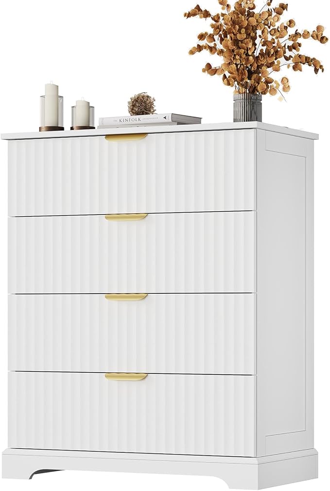 Fluted Dresser with 4 Drawers for Bedroom, 36.6" Tall Dresser with Metal Handle, Wooden Chest of Drawers for Bedroom, Living Room, Entryway, White