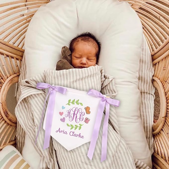 Embroidered Baby Name Sign with Bows Personalized Baby Announcement Sign Newborn Baby Banner Baby Hospital Name Sign Canvas Hanging Pennant Flag Custom Infant Baby Name Baby Shower Banner (03)