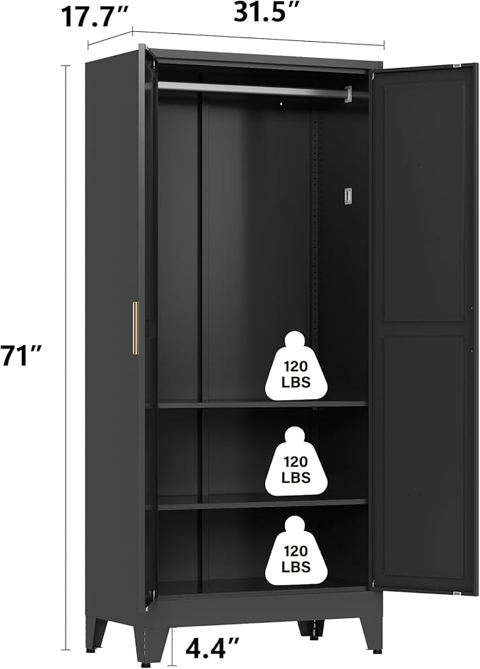 Metal armoire Wardrobe Closet with Hanging Rod,71'' Metal Wardrobe Cabinet with 2 Doors and 2 Adjustable Shelves, Bedroom armoires,Laundry Room cabinets,armario de ropa Closet