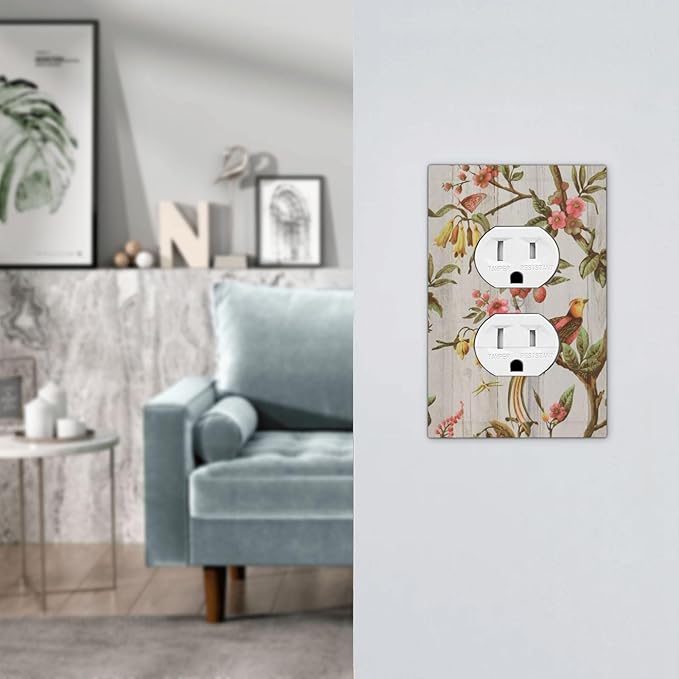 Flowers Bird Tree Retro Spring Floral Branch 1 Gang Duplex Outlet Covers Light Switch Cover Decorative Electrical Switchplate Oriental Chinese Landscape Drawn Faceplate for Bathroom Bedroom Home Decor