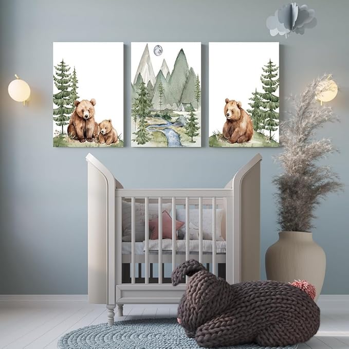 Baby Bear Nursery Wall Art, Cute Bears Wall Decor, Watercolor Green Mountain Forest Wall Art, Woodland Camping Nursery Decor Print, Nature Art for Boy Girl Toddler Bedroom, Framed Canvas, 16"x24"x3