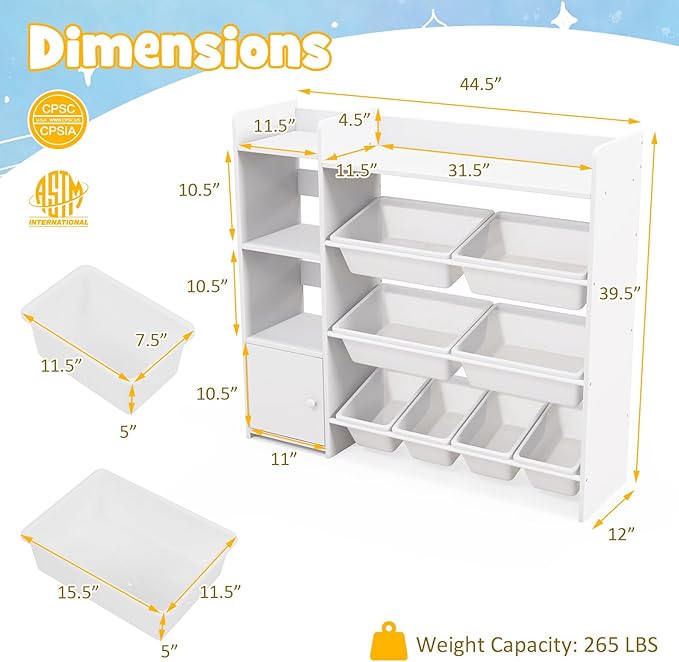 Costzon Kids Toy Storage Organizer, 4-Tier Bookshelf Storage Cabinet w/8 Removable Bins, Preschool Children's Montessori Bookshelf w/Large Cabinet for Playroom, Daycare, Kids Room, Classroom