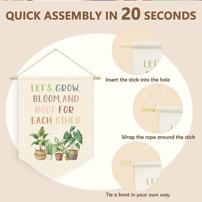 Greenery Plant Classroom Decor, Let's Root for Each Other Linen Canvas Banner for Classroom Door Playroom Homeschool,Neutral Cozy Inspirational Plants Wall Hanging Pennant Banner, 15x11in