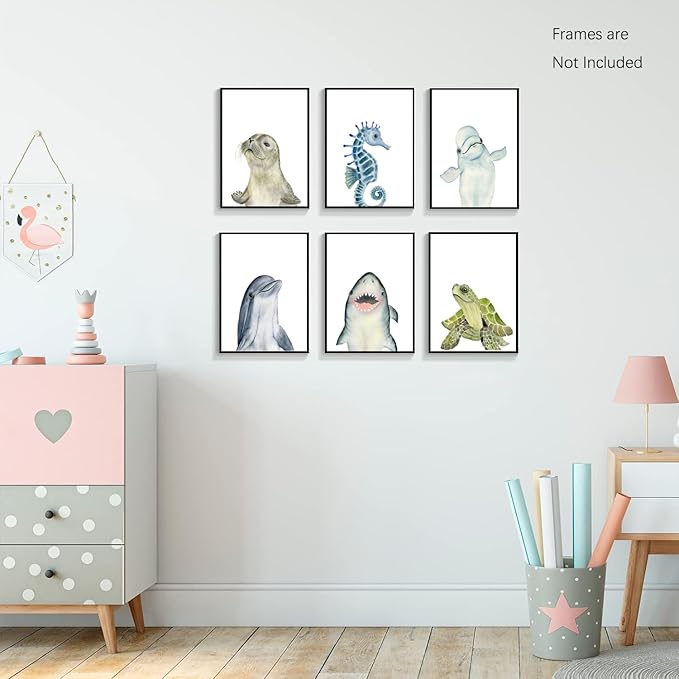 Wodkwq Nursery Wall Art Sea Animal Canvas Prints Baby Girl Boy Room Decor Watercolor Paintings Pictures Cute Ocean Theme Toddler Room Decoration Set of 6 for Kids Bedroom Bathroom 12x16in Unframed