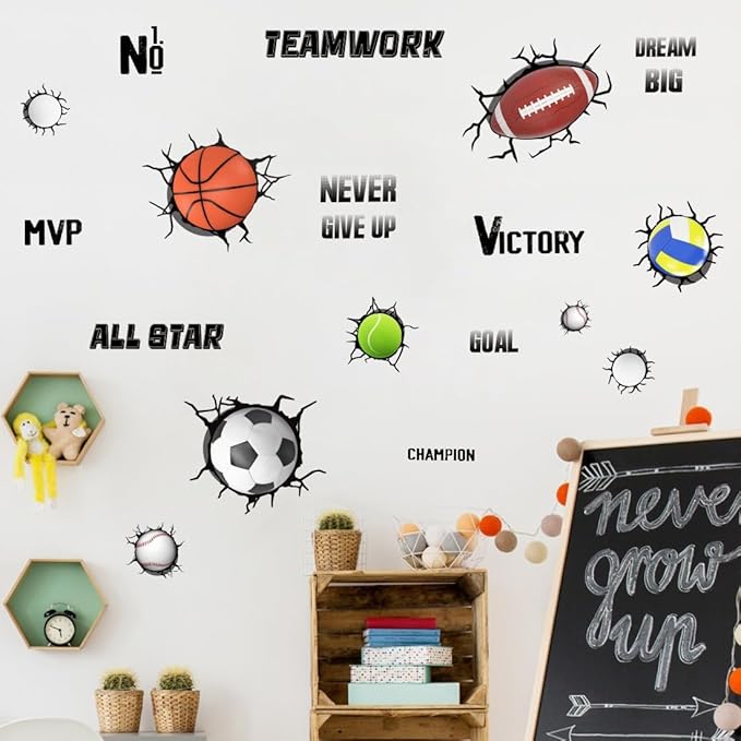 3D Sport Balls Wall Decals, Football, Volleyball, Rugby, Basketball, Tennis Vinyl Wall Stickers, Removable Sports Break Through The Wall Artwork for Boys Bedroom Playroom Decor