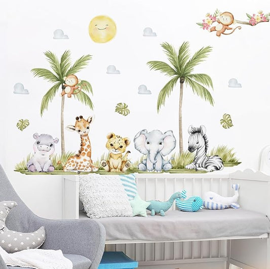 56.29 x 44.88 Inch Watercolor Animal Wall Decals Jungle Animal Stickers Tiger Elephant Zebra Giraffe Monkey Hippo Wall Stickers for Baby Nursery Bedroom Classroom Kindergarten Wall Decor