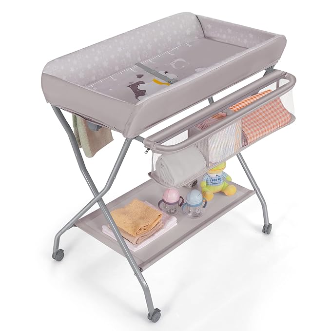 Costzon Portable Changing Table, Mobile Baby Changing Table with Wheels, Safety Belt, Large Storage Basket, Rack & Shelf, Folding Diaper Changing Station Nursery Organizer for Infant Newborn (Gray)