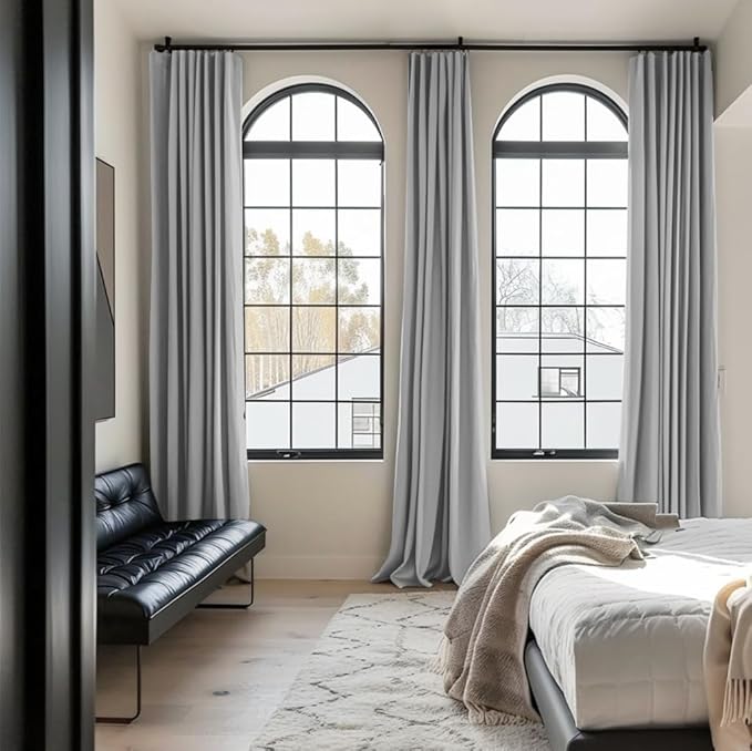 INOVADAY 100% Blackout Curtains for Bedroom, Black Out Curtains 108 Inch Long, Clip Rings Linen Blackout Drapes, Thermal Insulated Room Darkening for Living Room, 2 Panels - Grey,W50xL108
