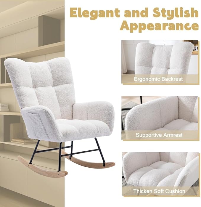 Nursery Rocking Chair Teddy Upholstered Glider Rocker Rocking Accent Chair with High Backrest Armchair Comfy Side Chair for Living Room, Bedroom, Offices (White)