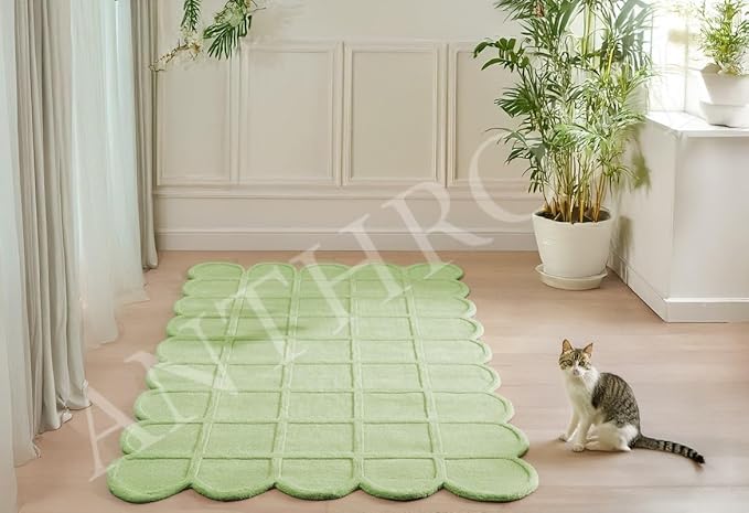 Selena Scallop Area Rug – 3’ x 5' – Handmade Wool Area Rugs – Green – Rugs for Living Room, Bedroom – Anti-Skid – Carpets with Non-Slip Natural Backing with 100% Cotton