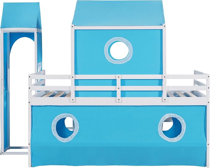 Playhouse Design Twin Size Low Loft Bed with Slide & Tent and Tower, Solid Wood Tent Bed Frame for Kids Boys Girls, Versatile Spacious Under Bed Space with Curtains(Blue-TW)