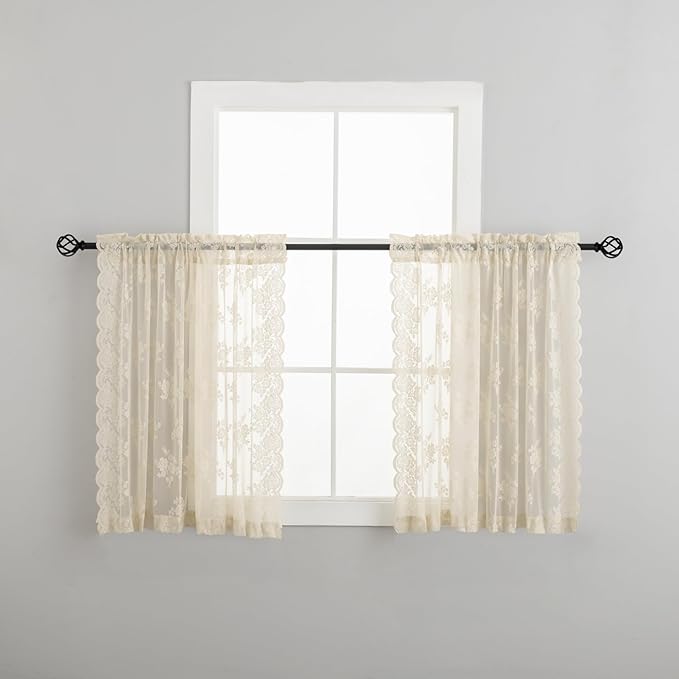Kotile Short Lace Curtains 30 Inch Length 2 Panels Rustic Floral Retro Beige Kitchen Lace Curtains for Small Window, Rod Pocket Privacy Sheer Cafe Curtain Over Sink Cabinet, 42 x 30 Inch